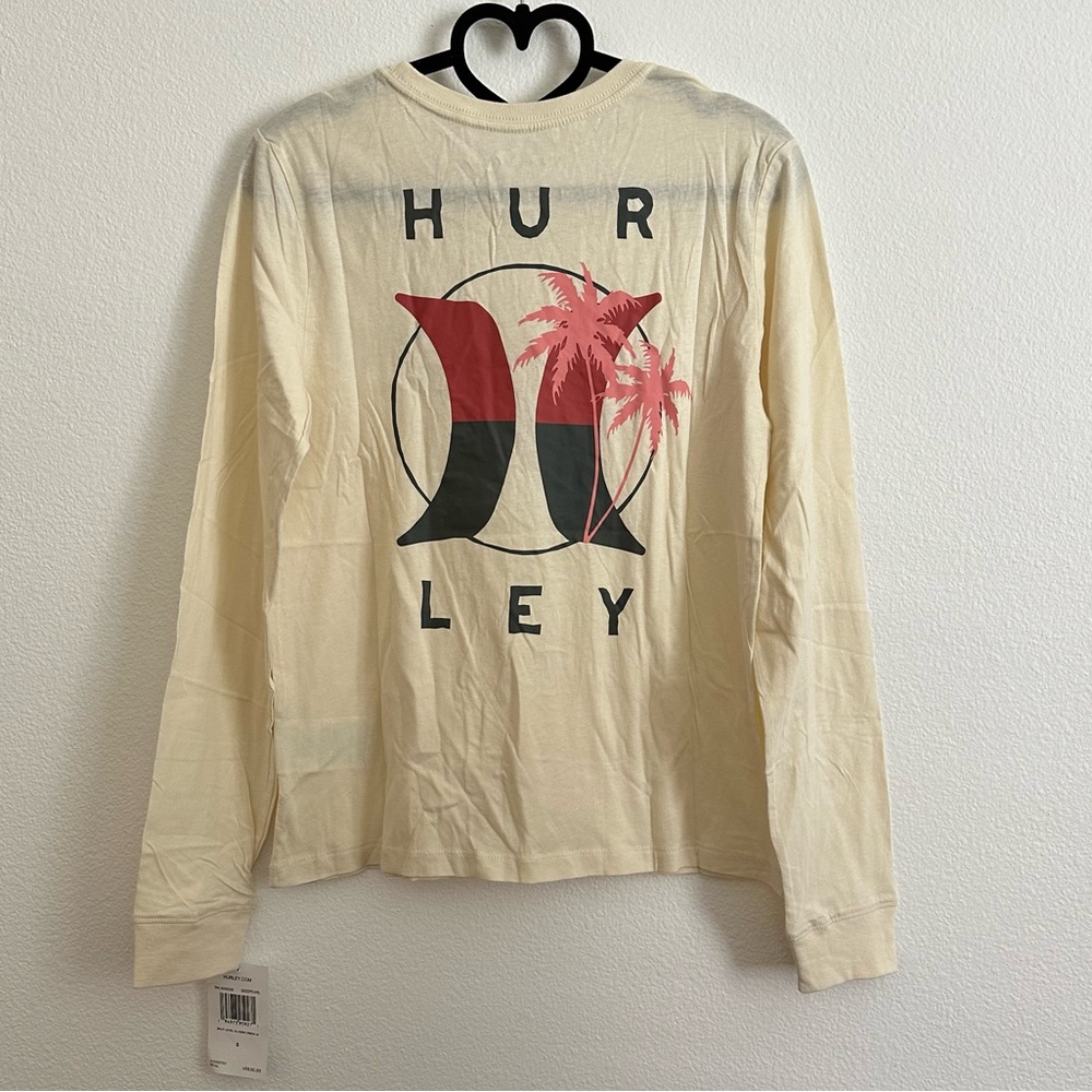 Hurley Cream Palm Tree Graphic Long Sleeve Cotton Tee Size Various